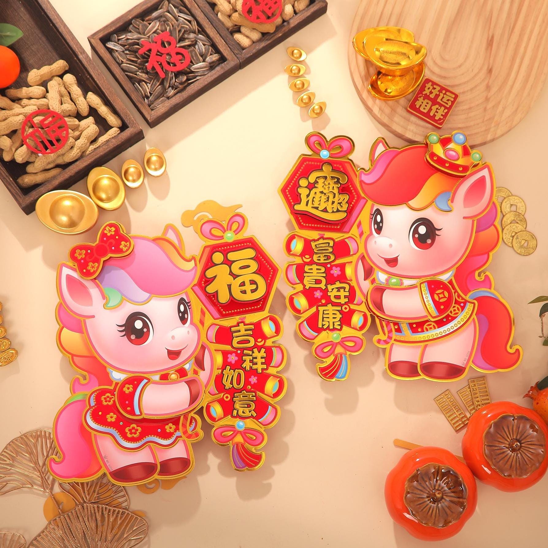 Chinese New Year Door Decor Set 2026 Year of the Horse | Firecracker 福 Blessing Wall Stickers (2-Piece)