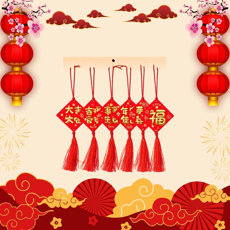 Lunar New Year Fu Hanging Tassel Decor | Red Gold Blessing Ornament Set